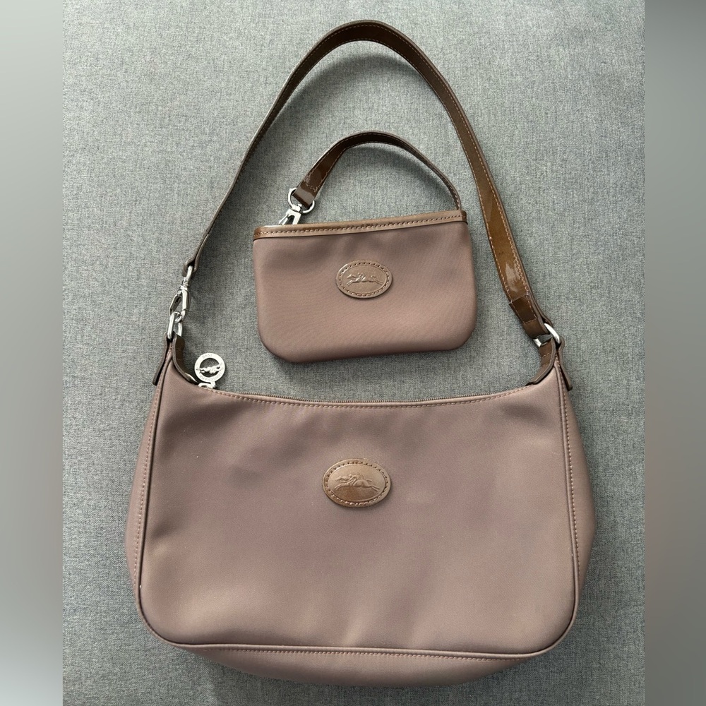 Brown nylon vintage longchamp shoulder bag with matching mini wallet